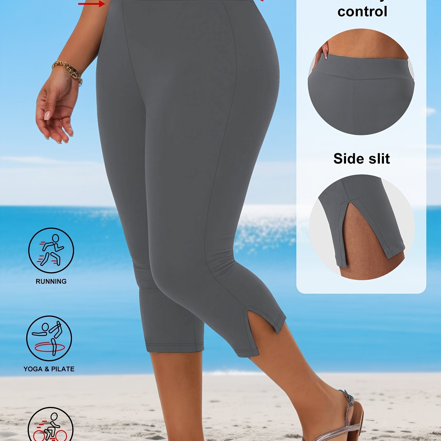 Plus Size Women's Stretchy Capri Pants with Side Slit Solid Color Breathable Fabric