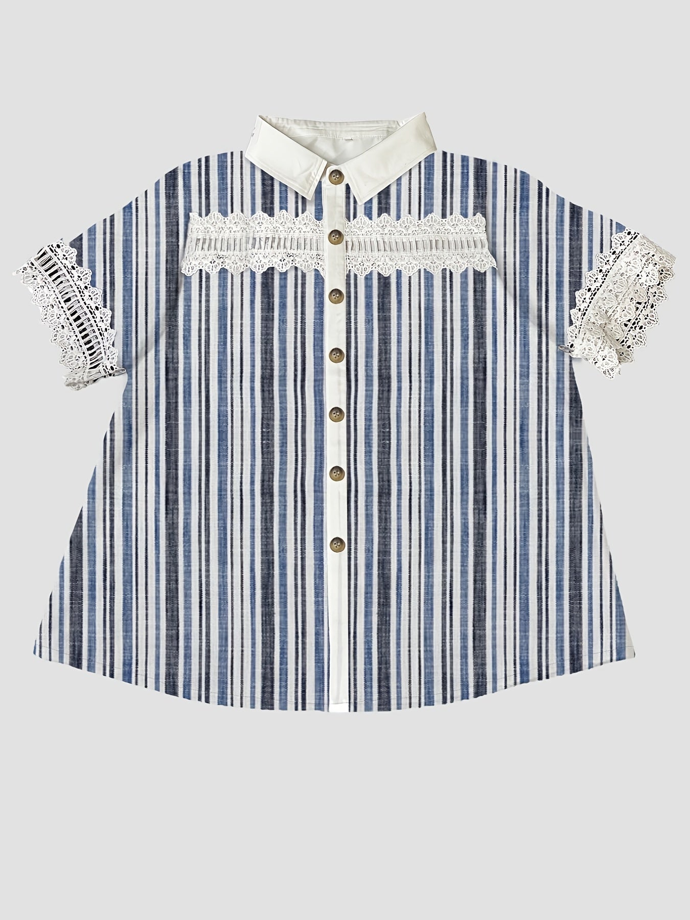 Women's Striped Short Sleeve Shirt with Lace Detail White Blue Polyester