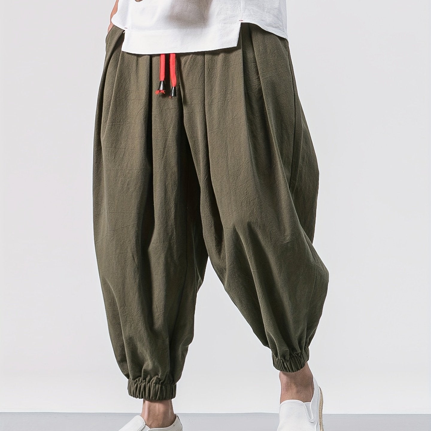 Men's Black Linen Cropped Pants with Drawstring Waist Pockets Breathable Casual Fit