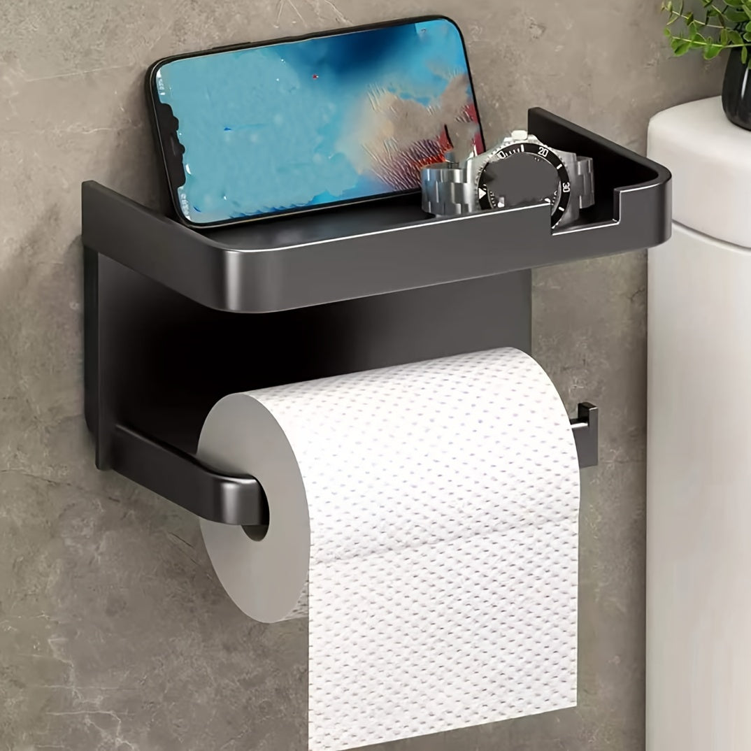 Wall-Mounted Plastic Toilet Paper Holder with Shelf and Phone Stand Self-Adhesive