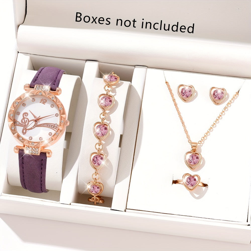 Set of 6 Women's Music Note Design Watches with Rhinestone Accents and Matching Jewelry Set