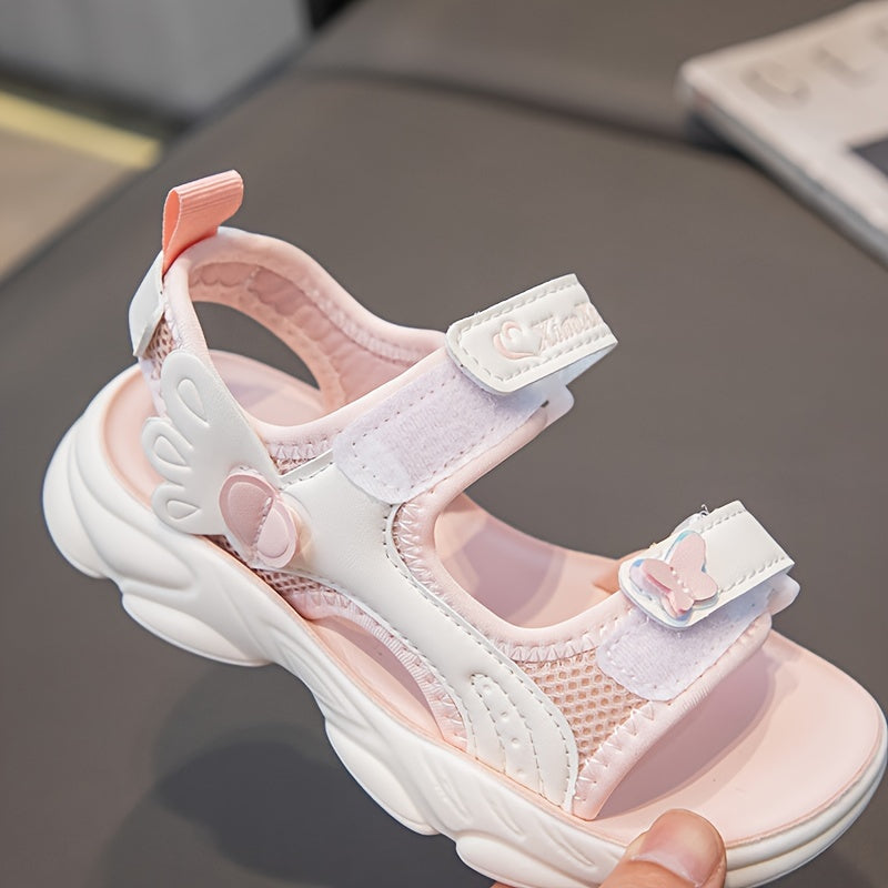 Girls Summer Sandals Lightweight Non-Slip Pink White Heart Wing Design Breathable Mesh