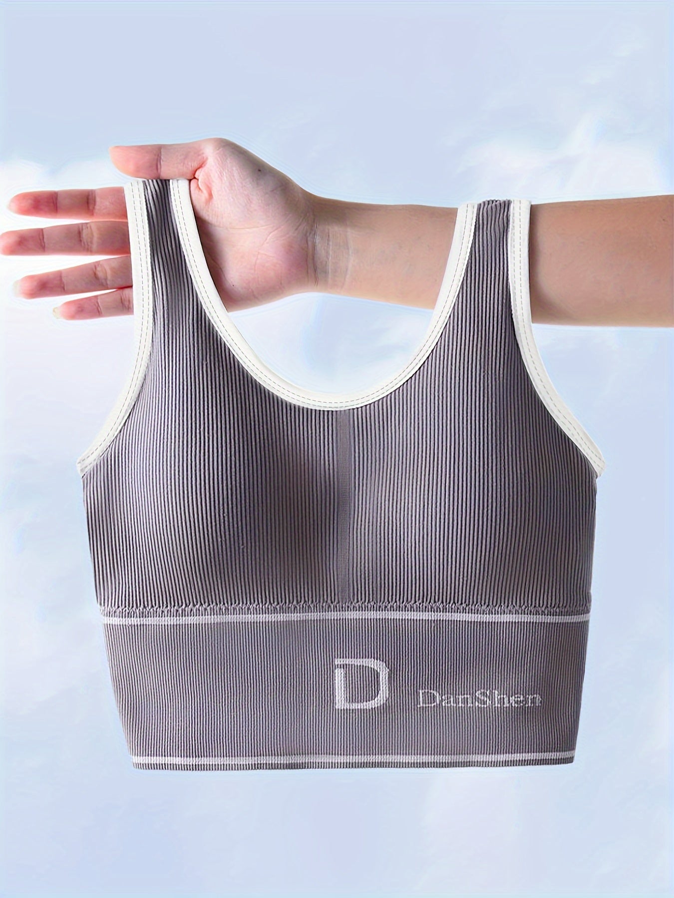 Women's High-Elasticity Ribbed Sports Bra Tank Top Olive Green Padded Wireless