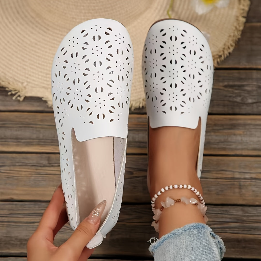 Women's Breathable Slip-On Flats with Cut-Out Design White Casual Shoes