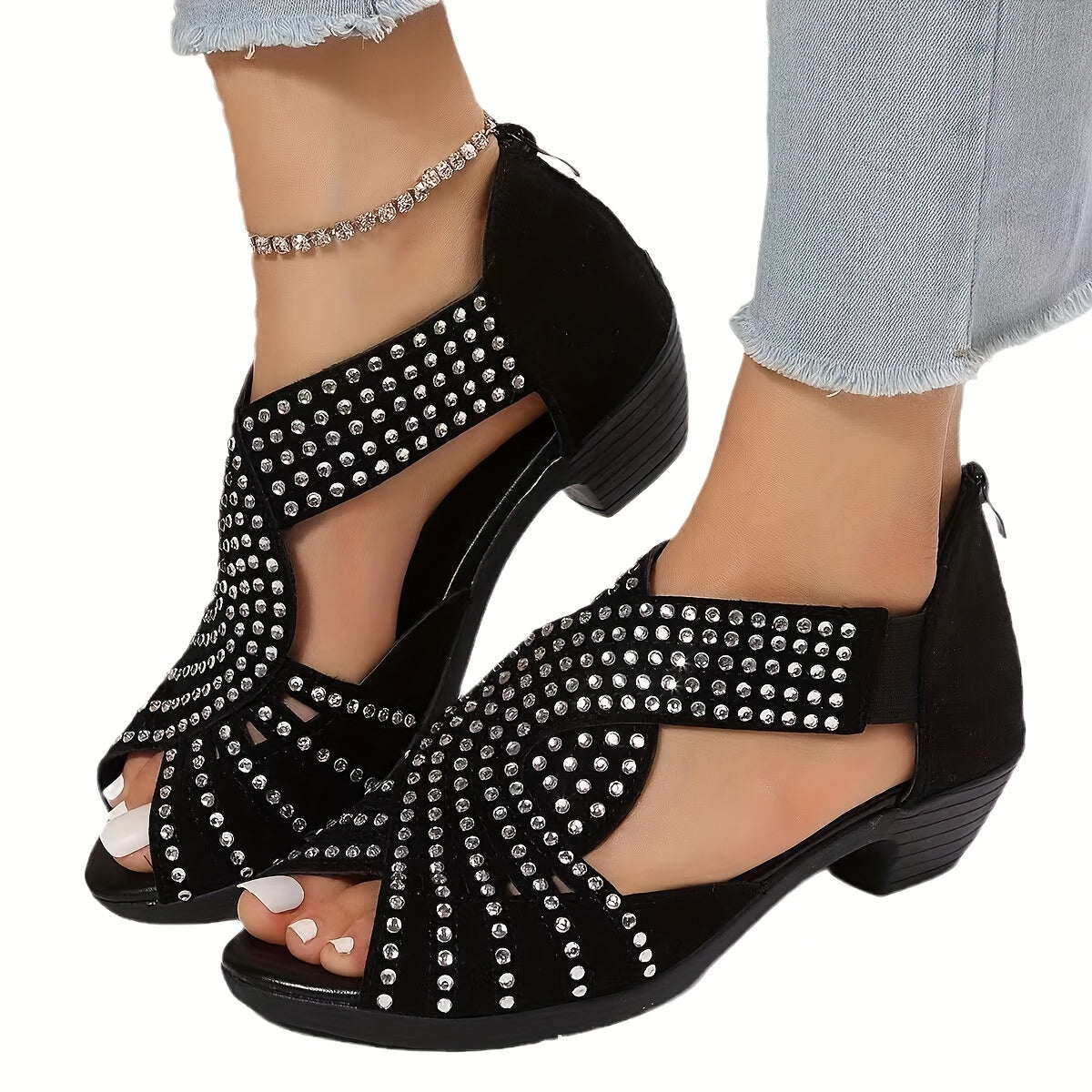 Women's Low Heel Rhinestone Cutout Chunky Sandals Plus Size Summer