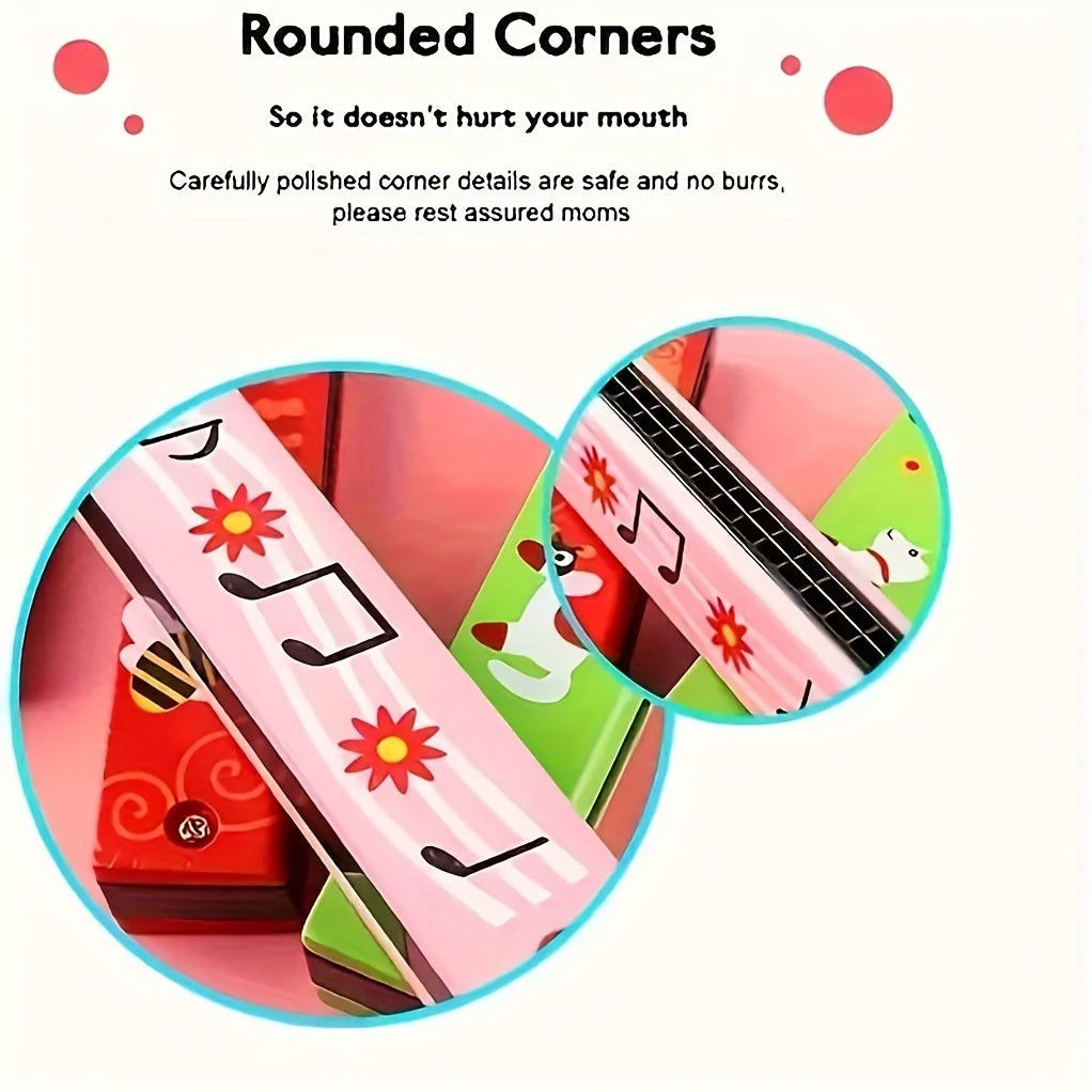 12 Styles Cartoon Harmonica for Kids and Beginners Double Row 16 Holes Wooden with Case
