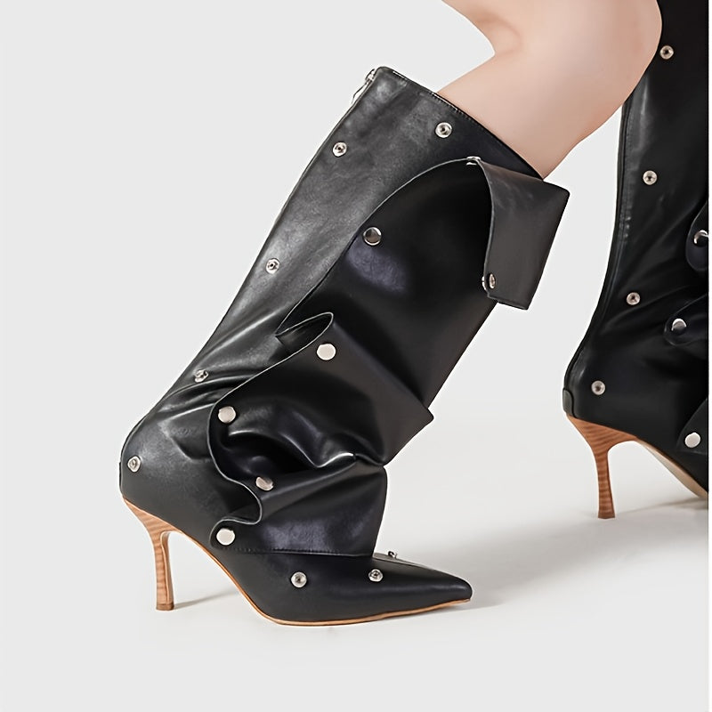 Женские белые двухслойные мотоботы до колена с заостренным носком