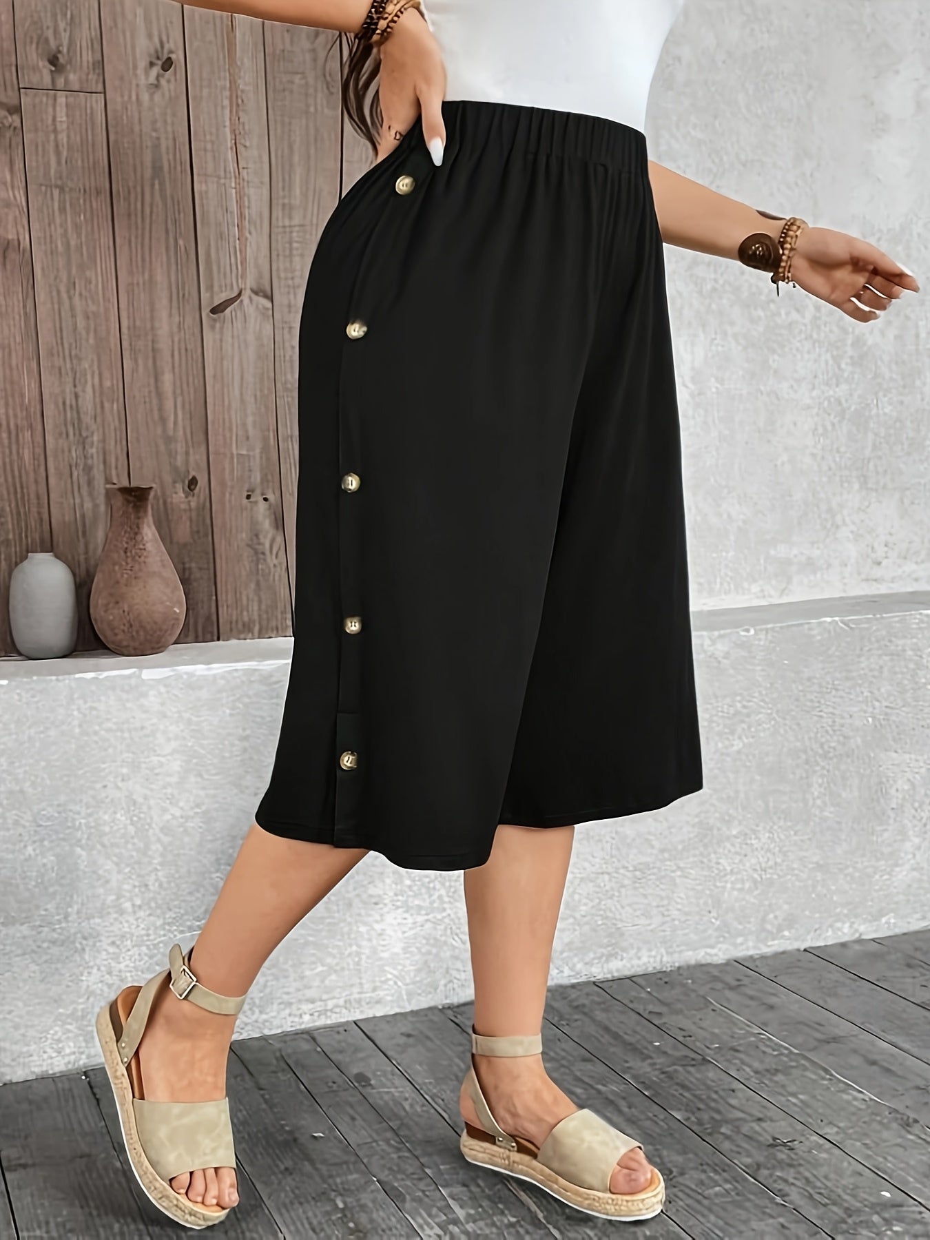 Plus Size Women Solid Color Wide Leg Capri Pants All-Season Black