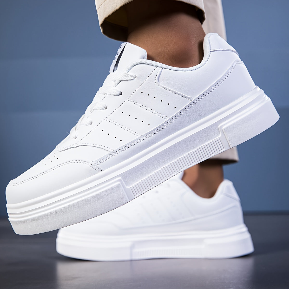 Zapatillas casuales blancas para hombre de cordones de bajo perfil con suela de EVA, aptas para todas las estaciones, cómodas y duraderas