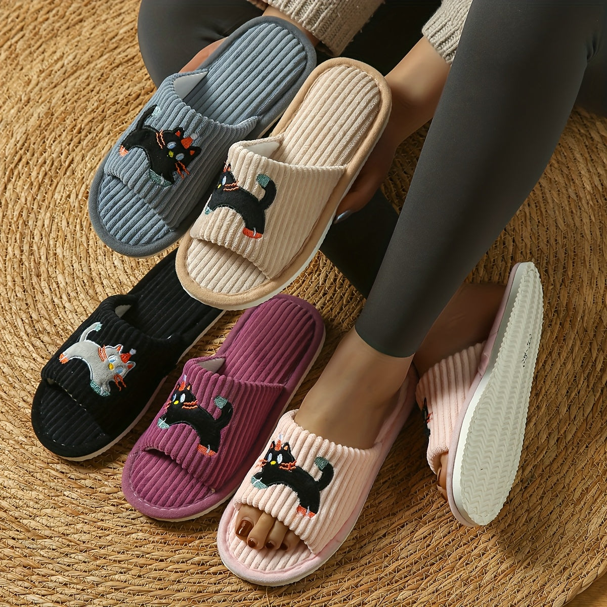 Women's Cotton Striped Cat Design Slip-On Home Slippers