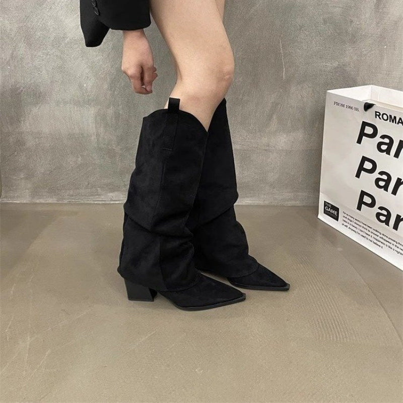 Women Faux Leather Pointed Toe Ankle Boots with Chunky Heel Black