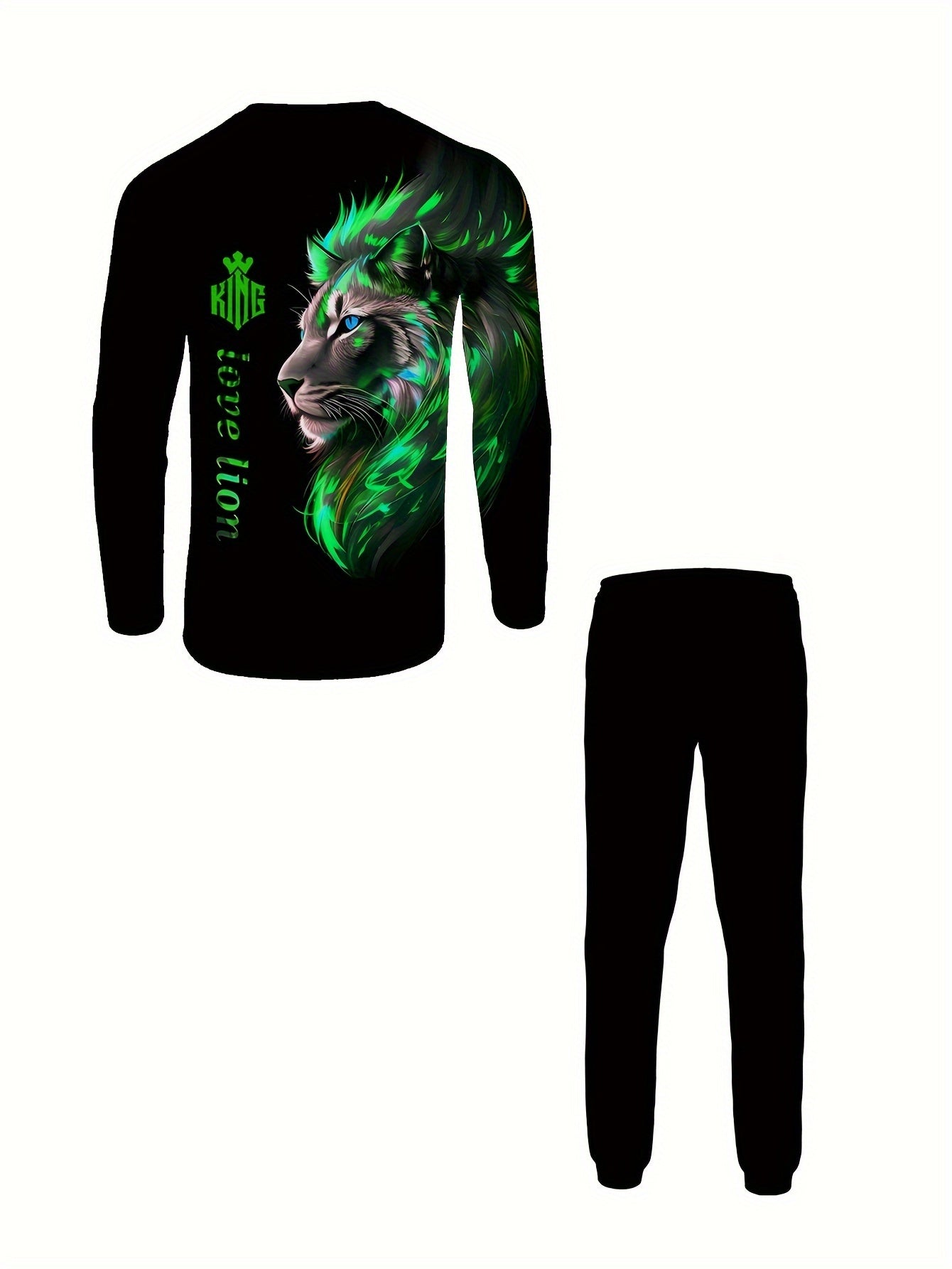 Men's Plus Size Lion Print Long Sleeve T-Shirt and Sweatpants Set Casual Sportswear for Fall Winter