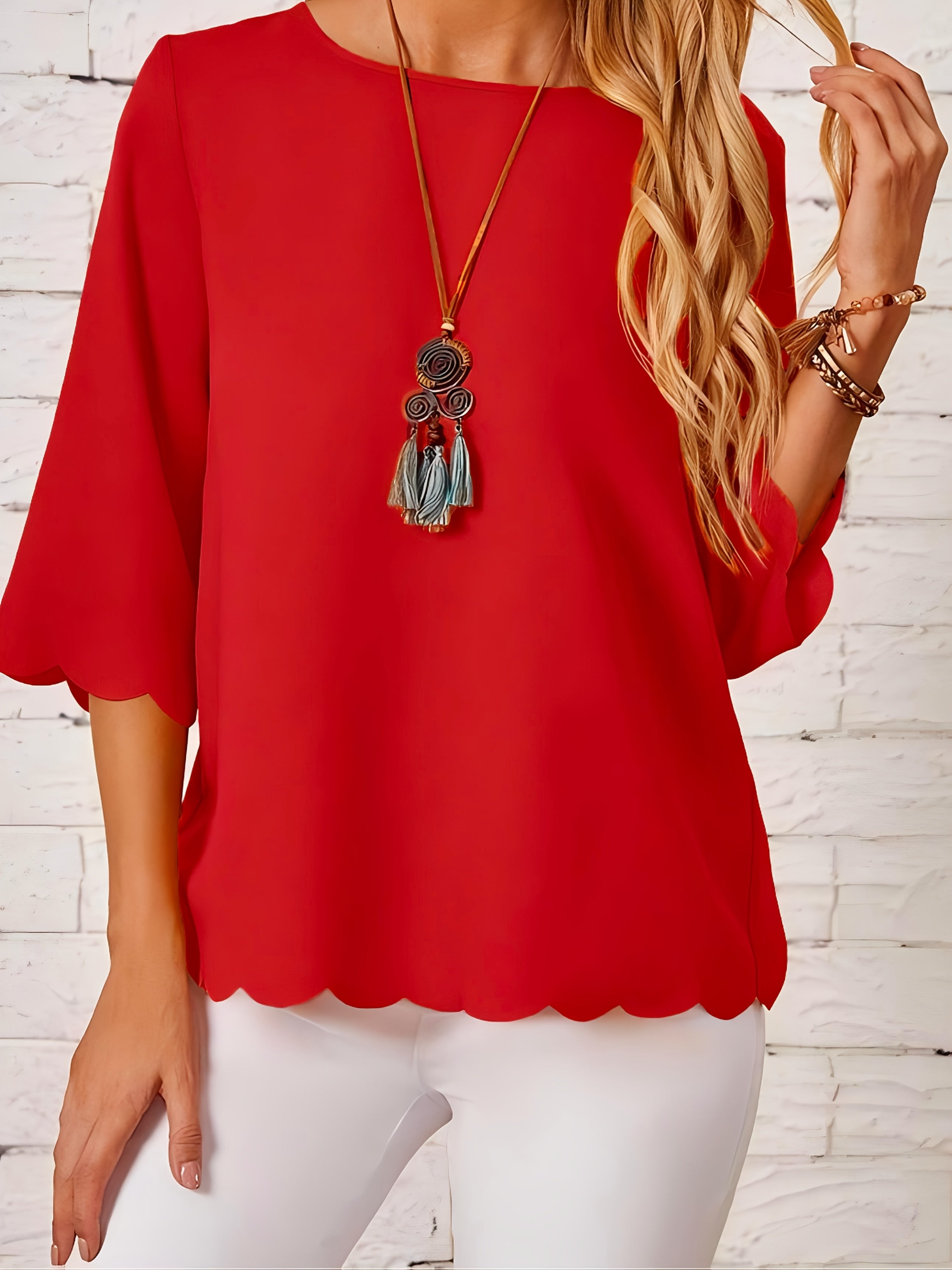 Women's Green Ruffled Hem Blouse Stretchy Round Neck Casual Formal Wear