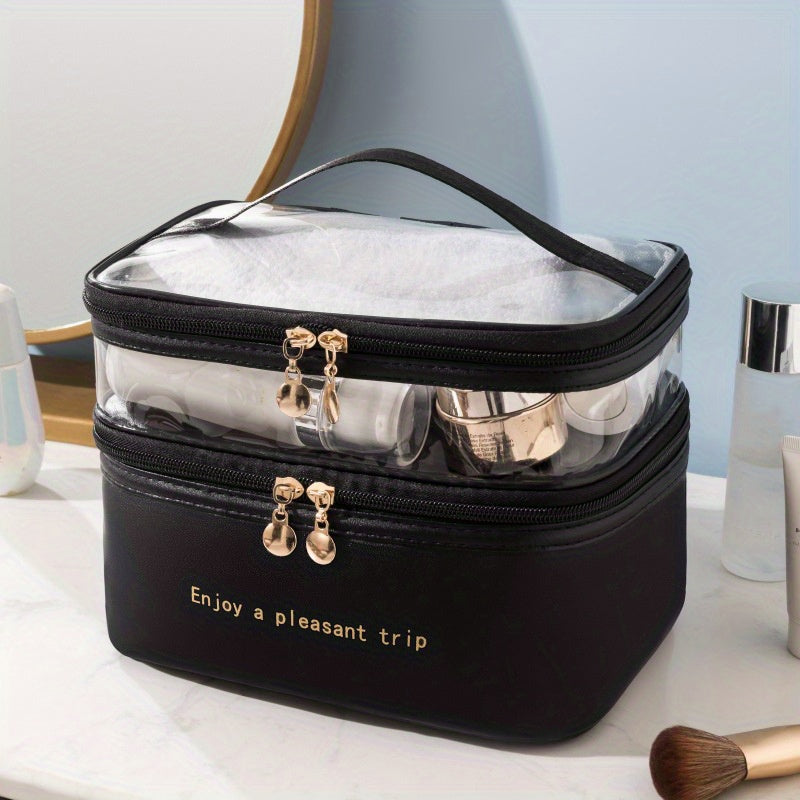 Women Waterproof Travel Makeup Bag with Double Layers and Large Capacity