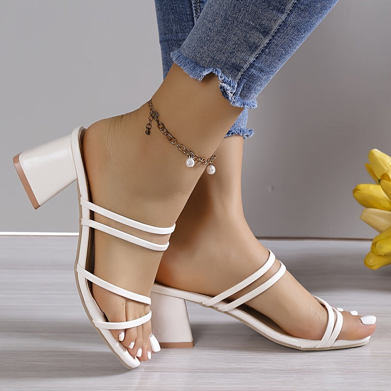 Women's Chunky Heel Sandals Square Toe Slip-On Summer Mid Heel Rubber Sole