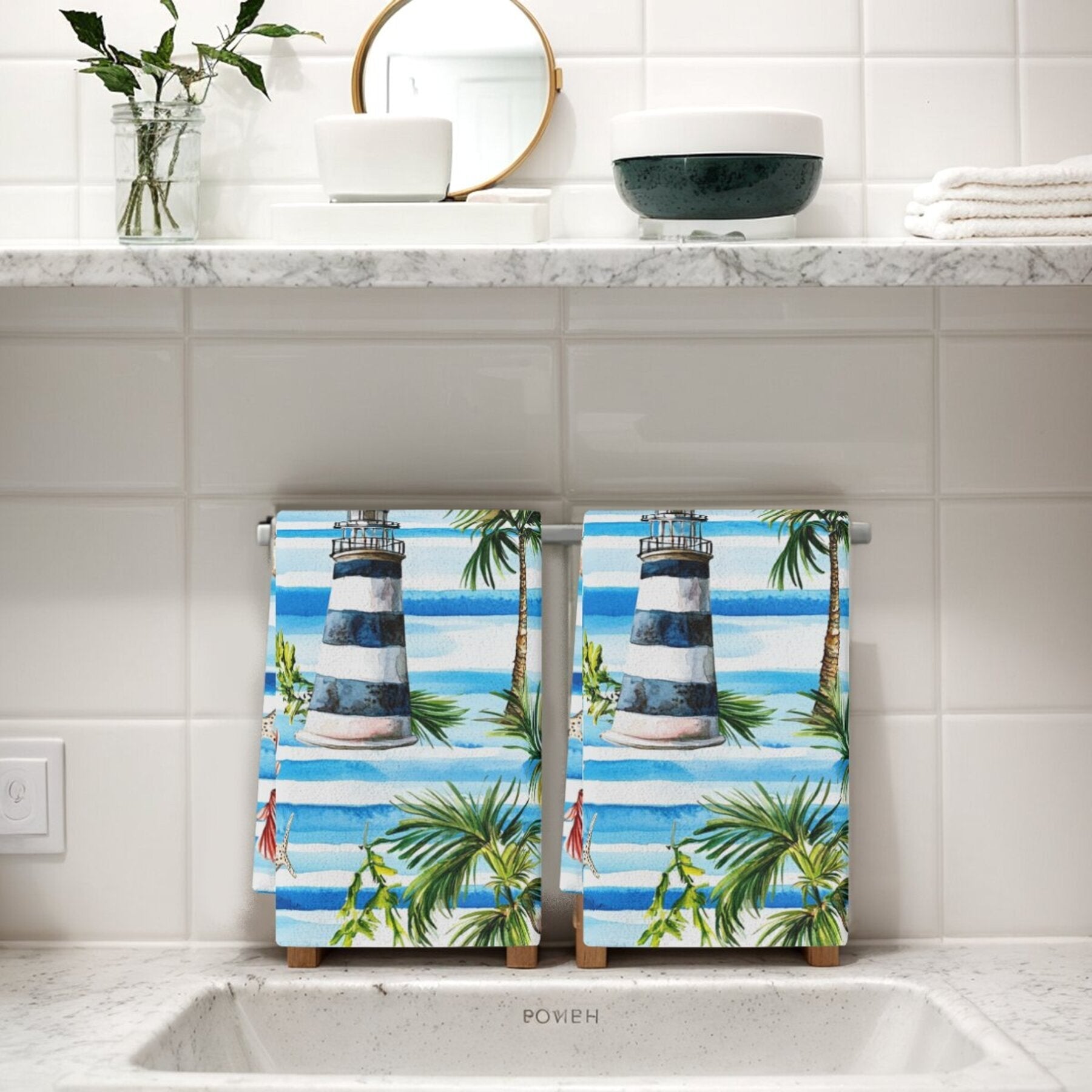 Set of 2 Tropical Lighthouse and Palm Tree Kitchen Towels Absorbent Polyester
