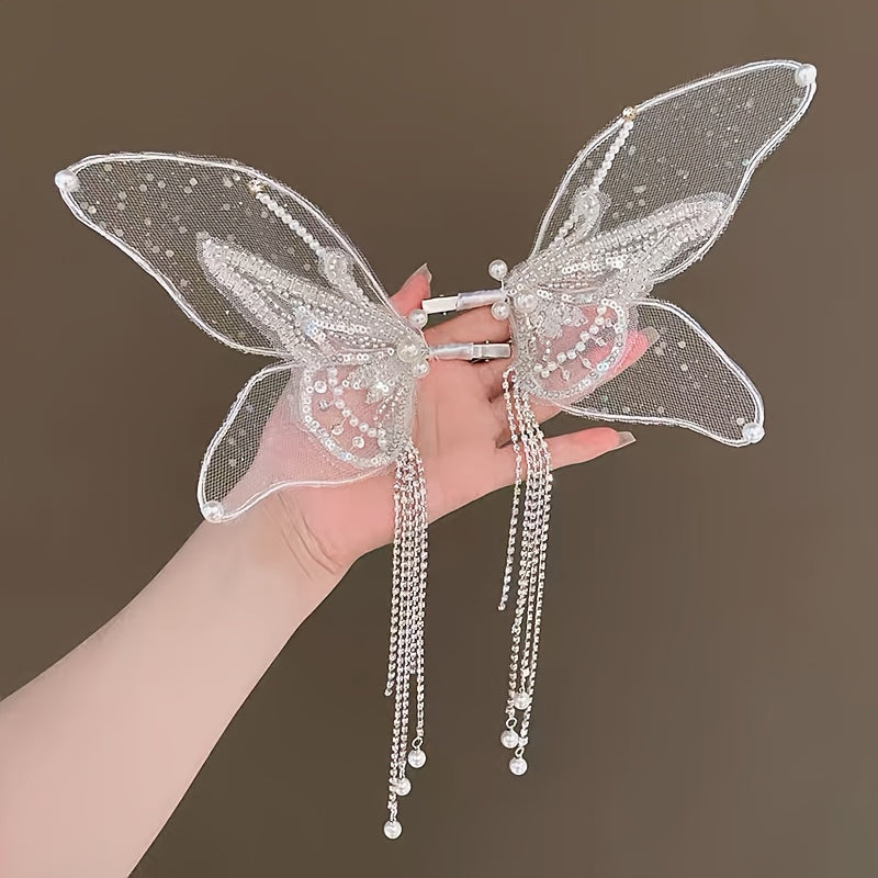 Women's Embroidered Butterfly Wing Hair Clips with Faux Pearl Tassel and Non-Slip Duck-Billed Clamp