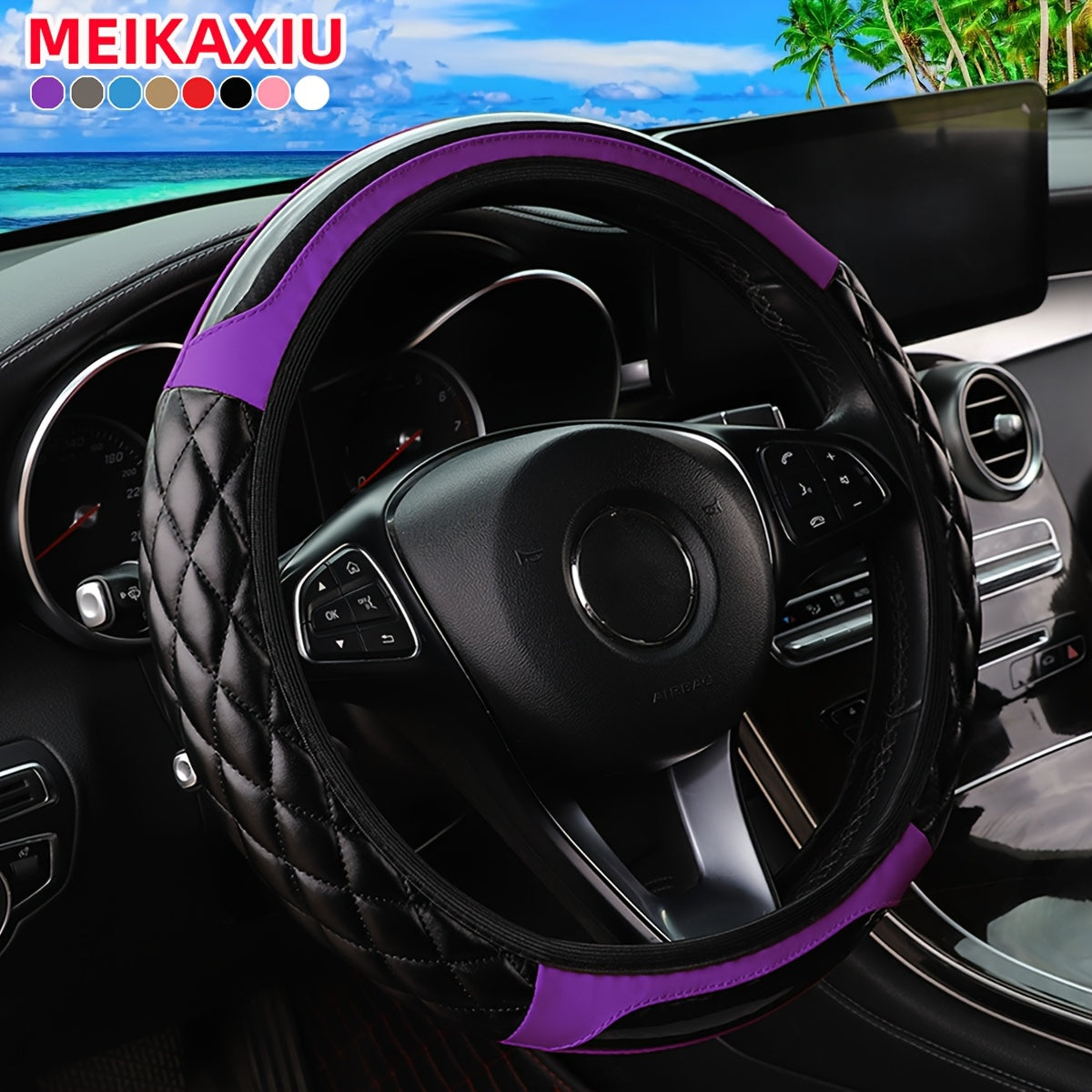 3D Embroidered Crystal Carbon Fiber Faux Leather Steering Wheel Cover Universal Fit 36.83-38.1 cm for Cars in 5 Colors