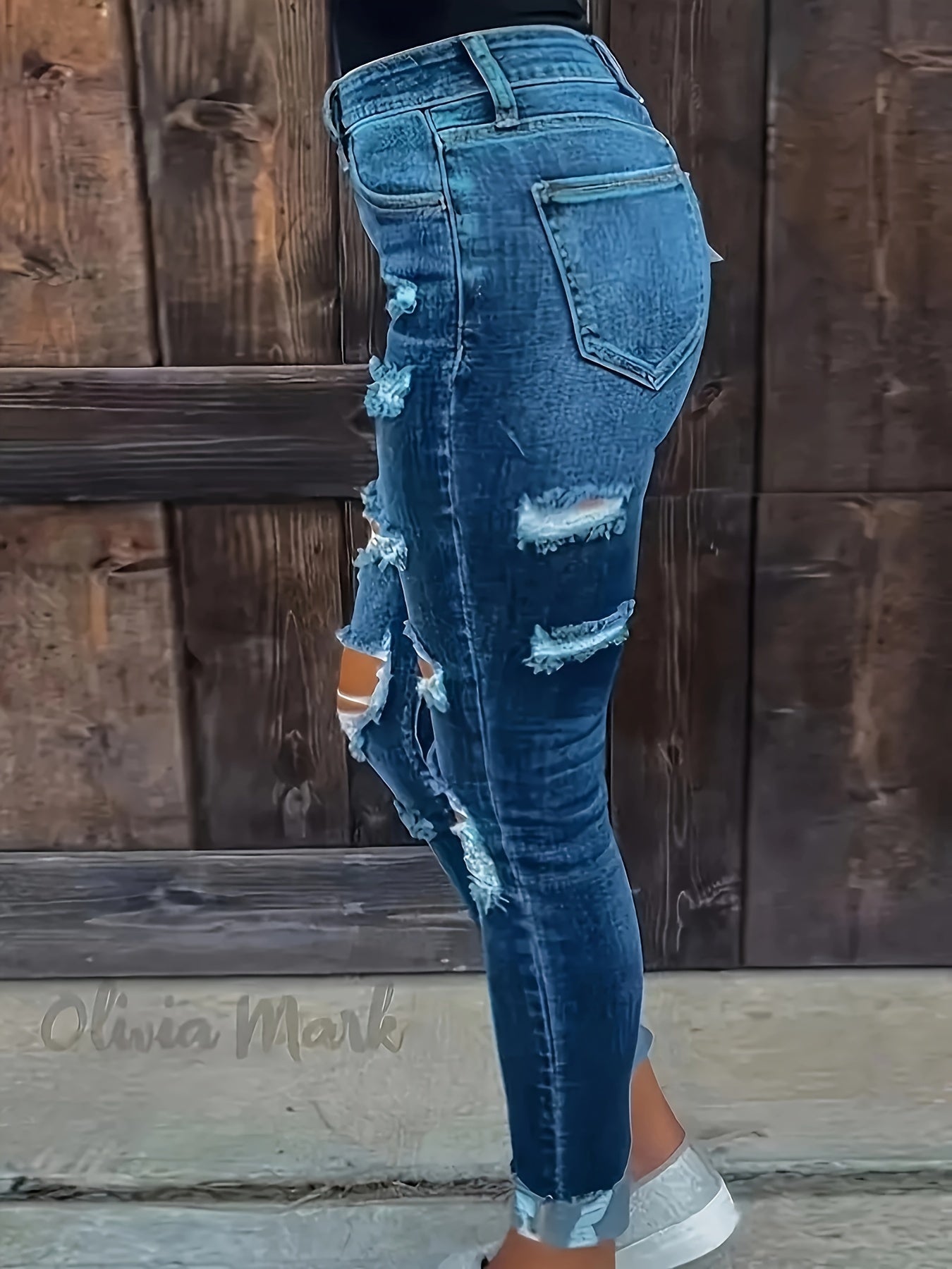 Plus Size Womens Ripped Blue Stretch Denim Jeans Pants