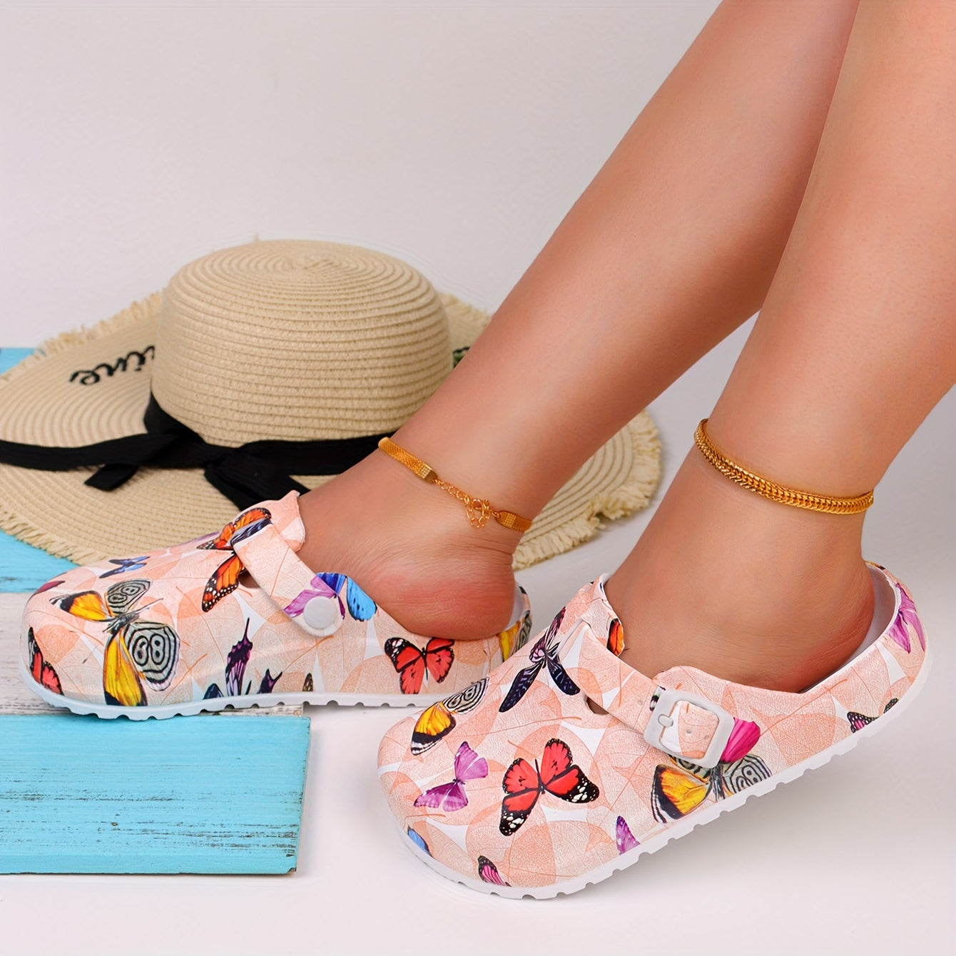 Women’s EVA Butterfly Print Slide Sandals Lightweight Flat Casual Shoes