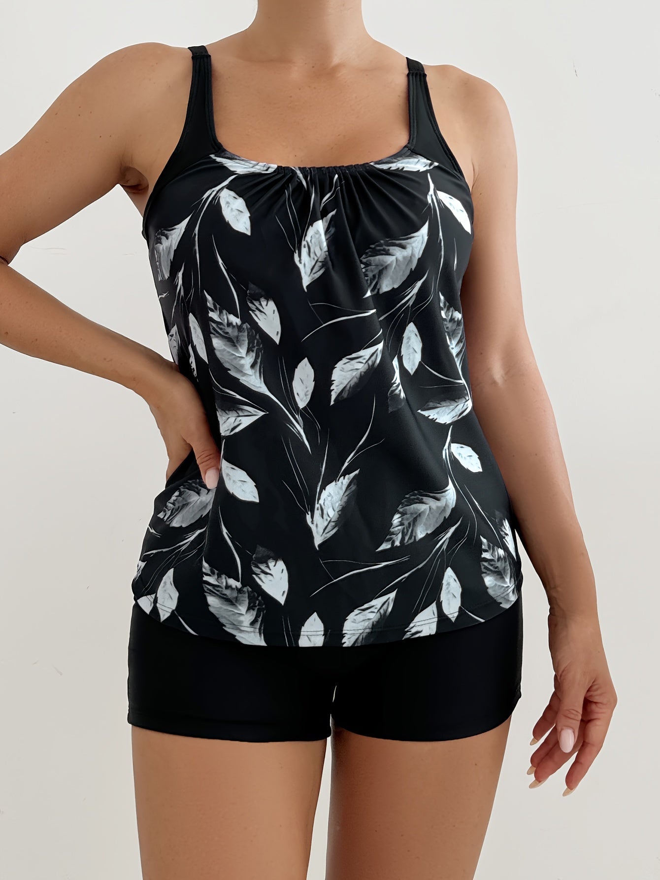 Black Tankini Set with Random Print Tank Top and Black Boxer Shorts for Swimming
