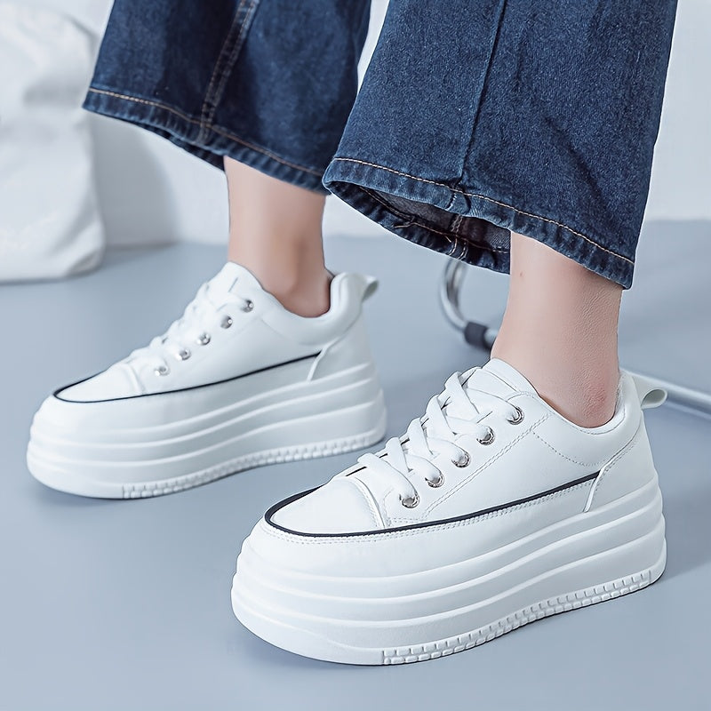 Women's Casual White PU Low-Top Sneakers with Breathable Fabric