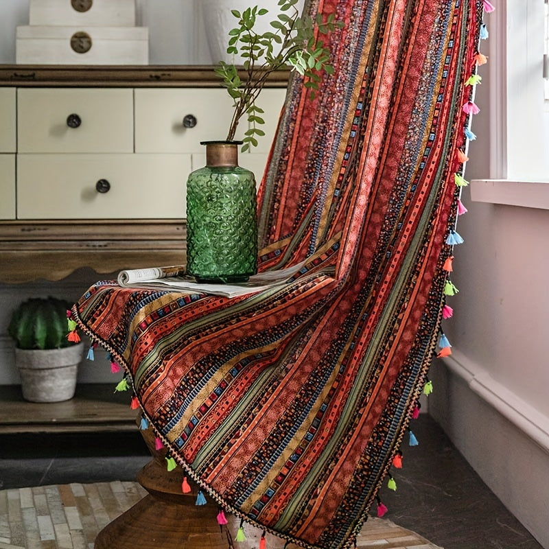 Bohemian Farmhouse Curtain with Red Stripes and Tassels for Bedroom Living Room and Home Decor