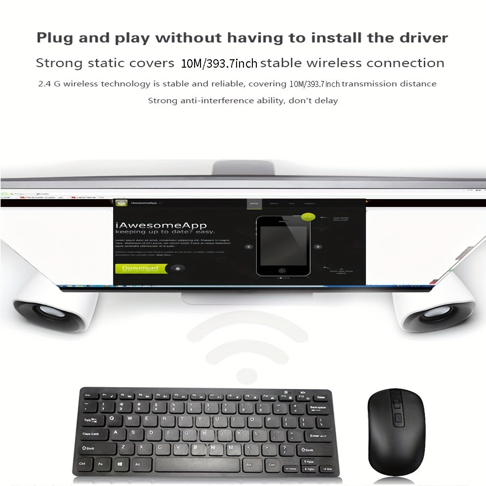Ergonomic Wireless Keyboard and Mouse Set 2.4GHz Optical Slim ABS Battery-Free for PC