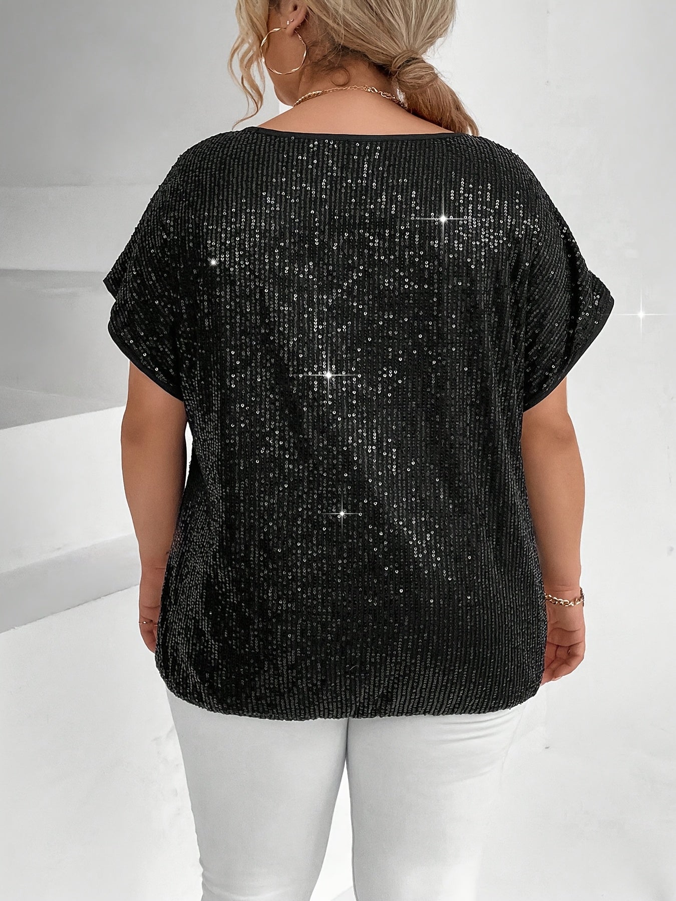 Plus Size Women's Sequin Short Sleeve T-Shirt Lightweight Silver Casual Top