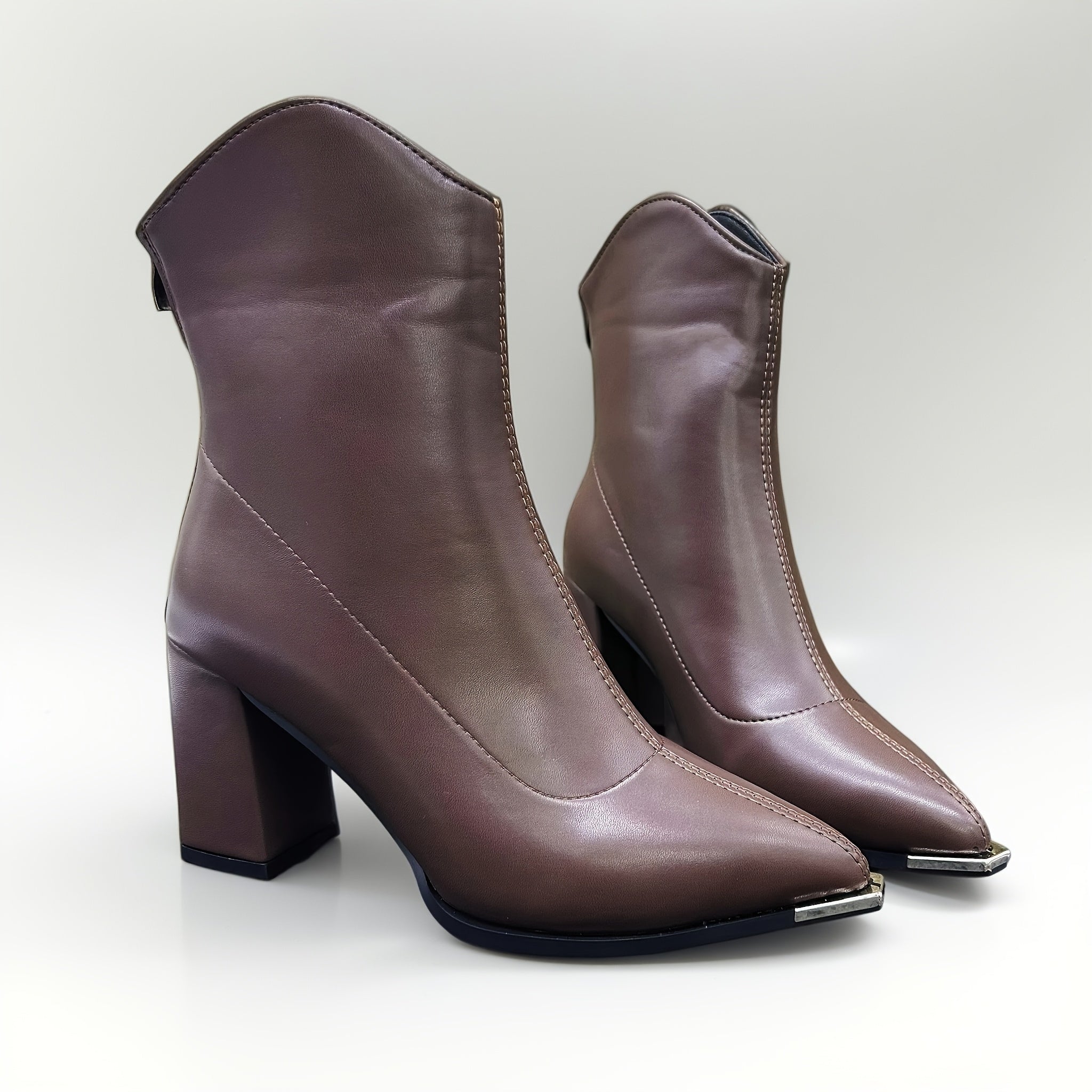 Women's Brown Pointed Toe Chunky Heel Ankle Boots All-Season Faux Cover