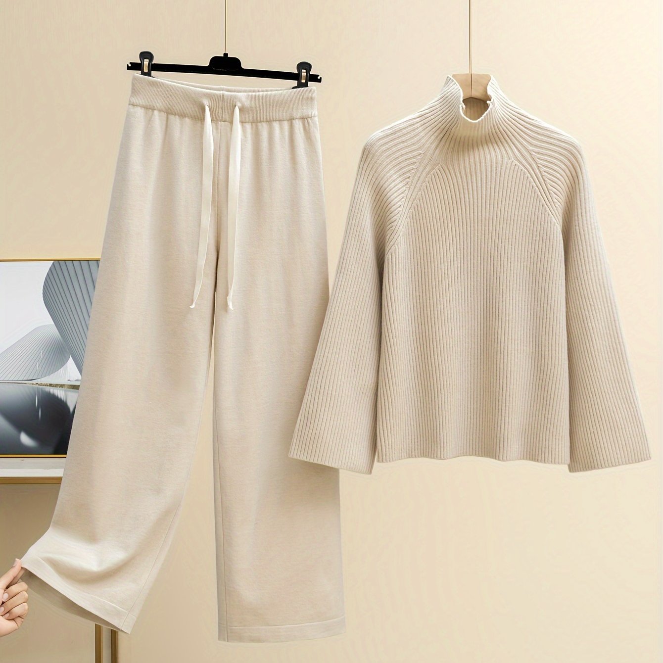 Casual Set with Wide-Leg Long Pants and High-Neck Knitted Top in Solid Viscose