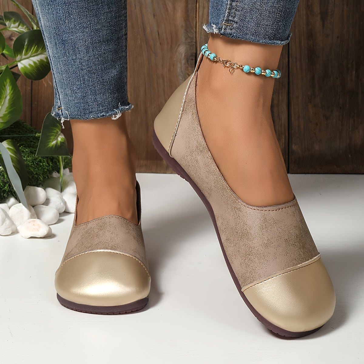 Women's Slip-On Mary Jane Flats - Casual Rounded Toe Shoes Non-Slip Rubber Sole