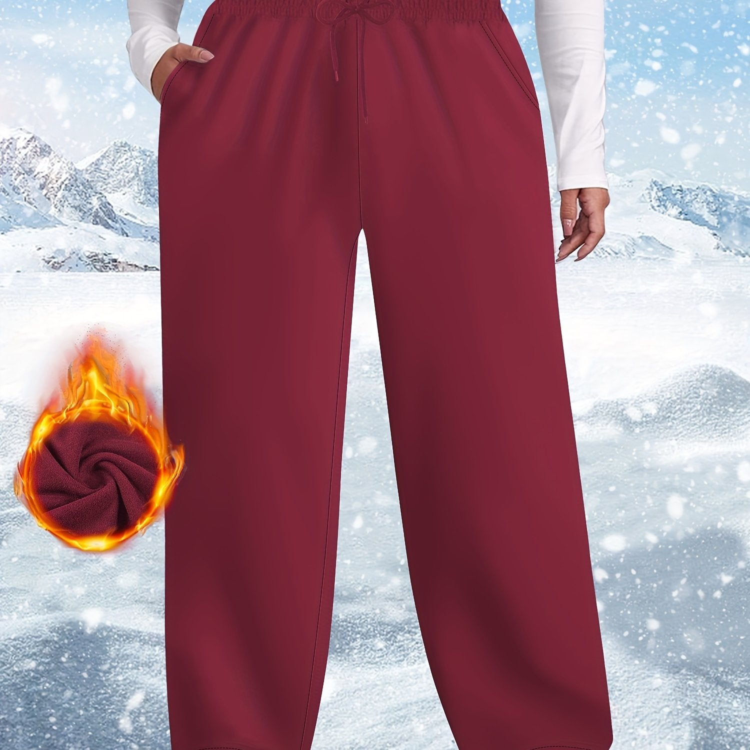 Pantalones de invierno con forro de felpa para mujer, talla plus, cintura elástica, azul marino, de pierna ancha