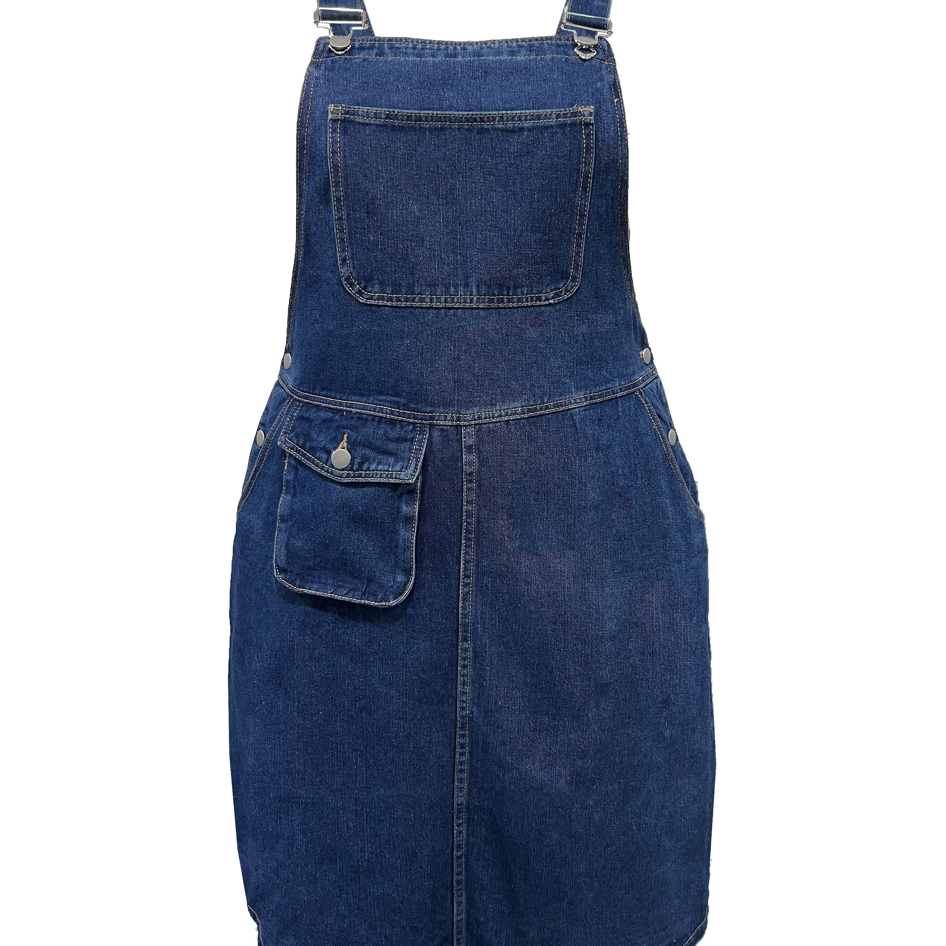 Plus-Size Denim Dress with Adjustable Straps Chest Pocket Casual All-Season