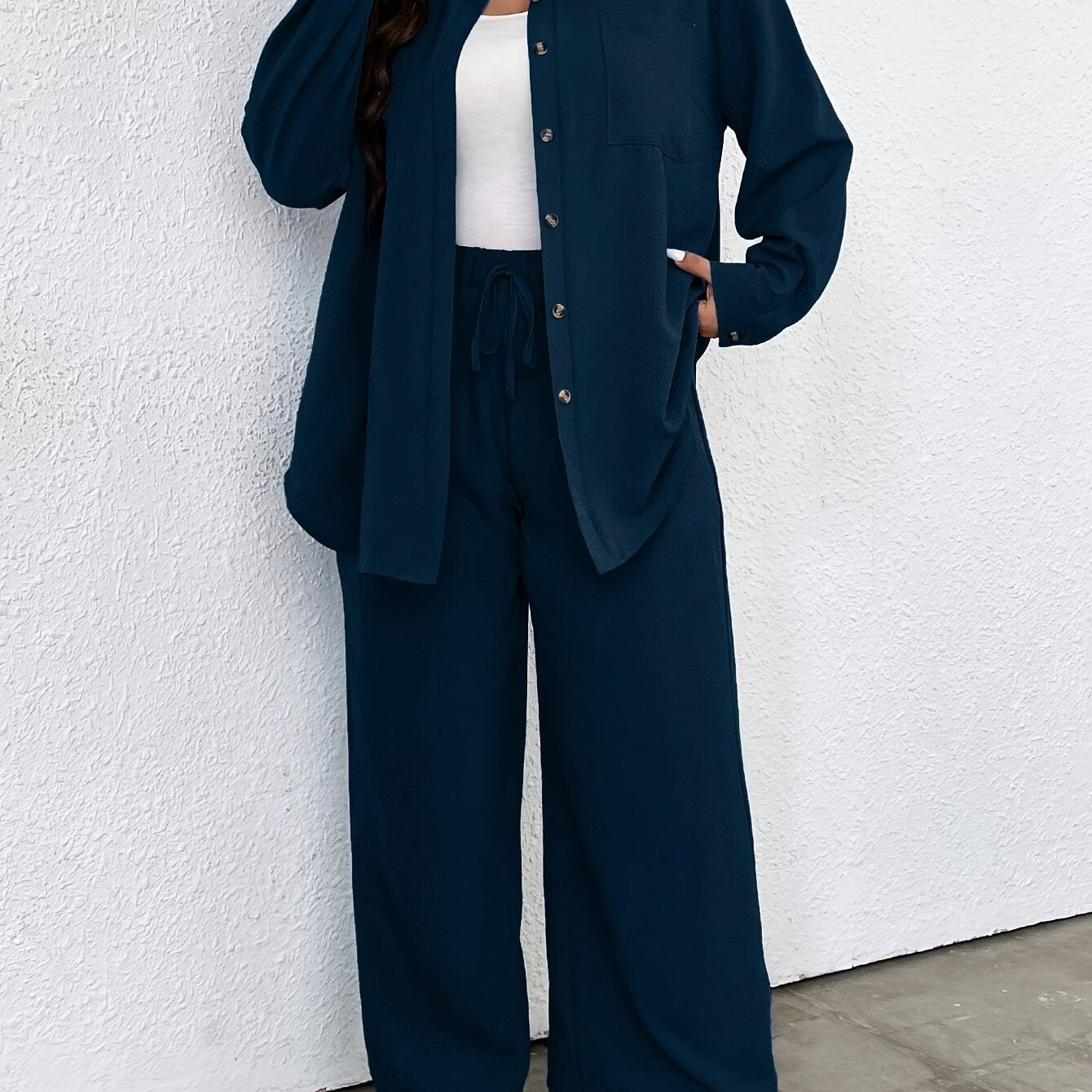 Plus Size Solid Color Pants Set with Shirt and Tie Waist Women Casual