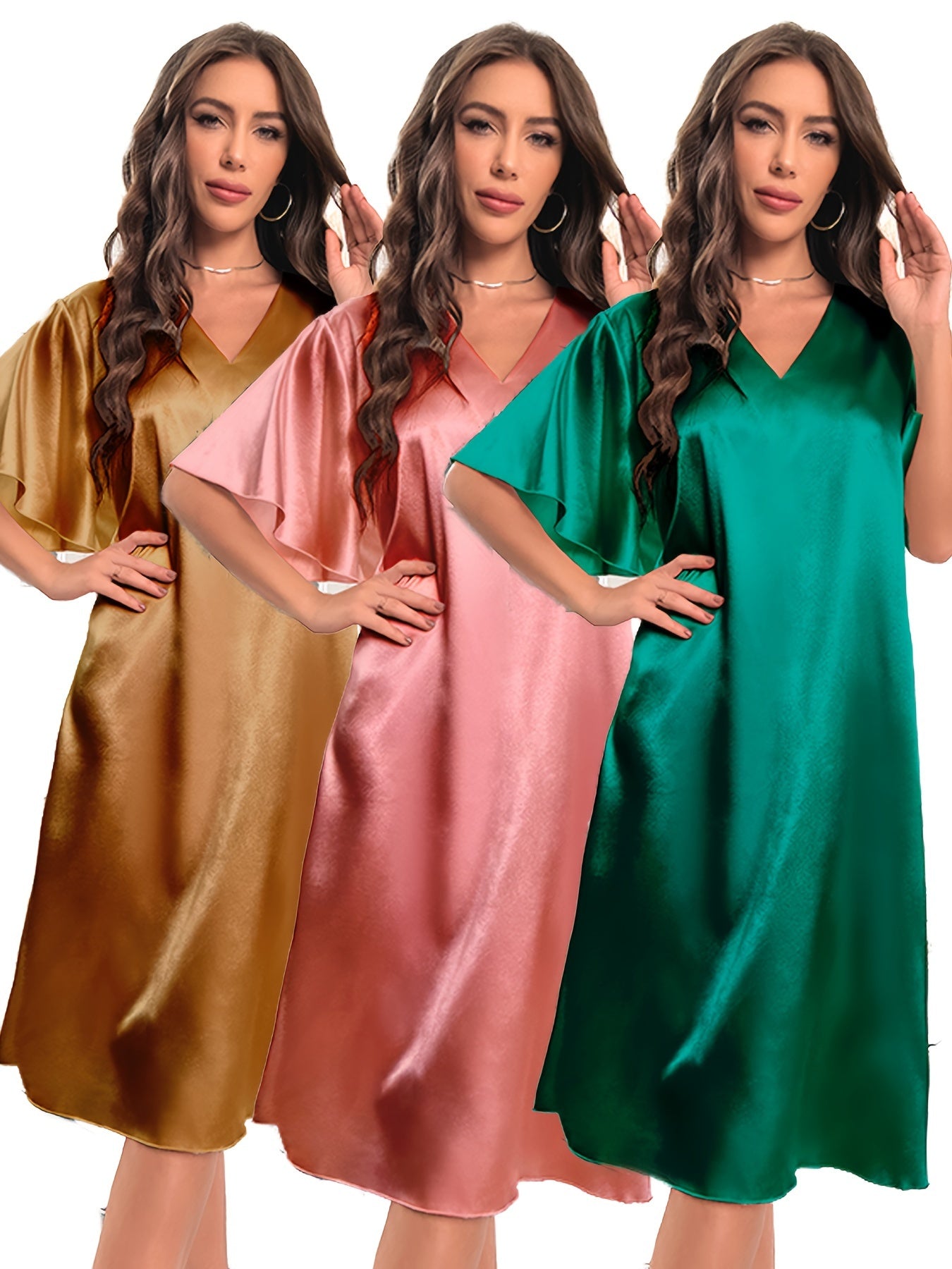 Plus Size Summer Satin Nightgown 3-Piece Set Loose Fit Short Sleeve Blue