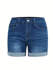 Women's Plus Size Denim Shorts Roll Up Hem Pockets Solid Wash