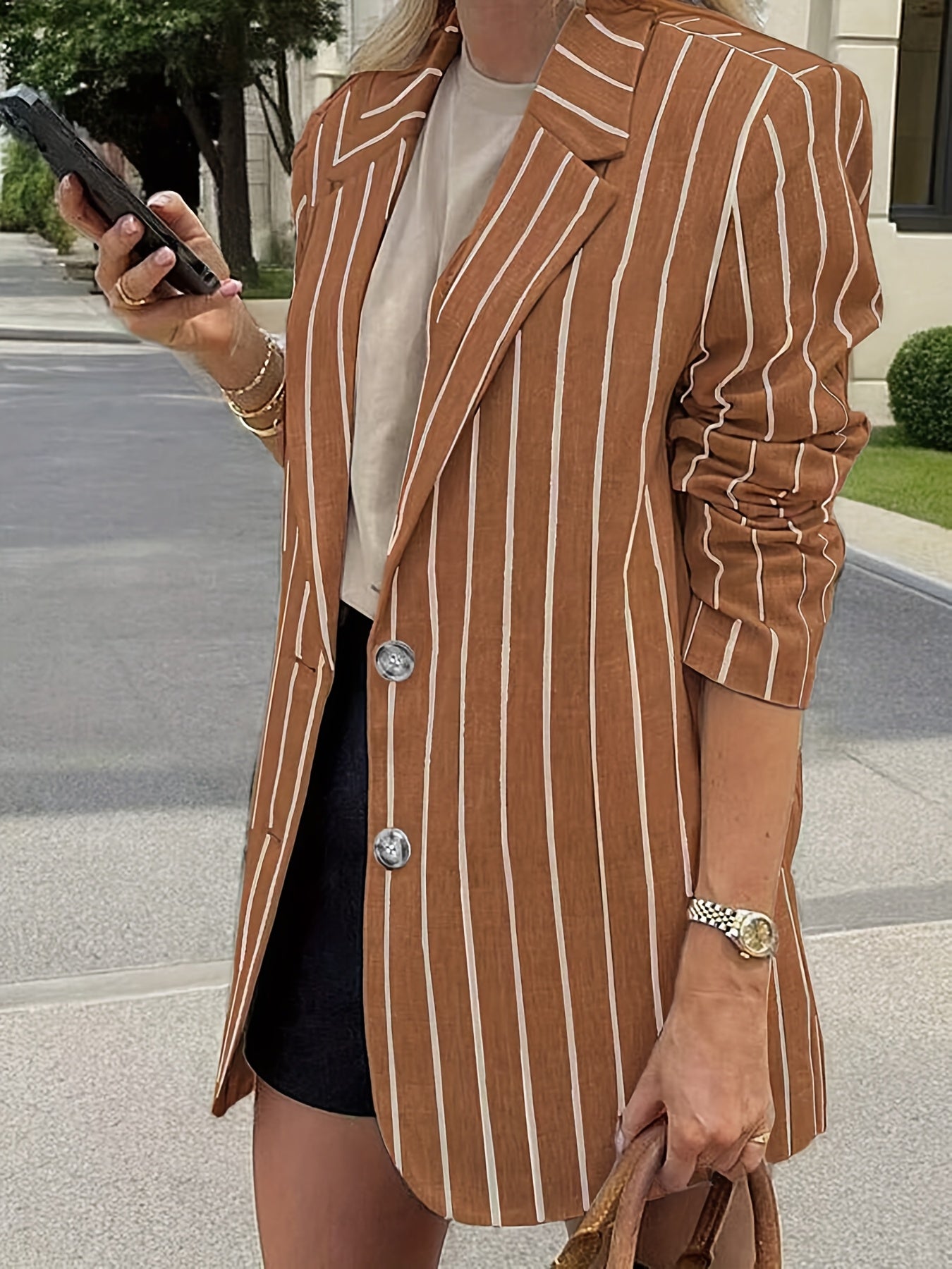 Women's Plus Size Striped Relaxed Suit Jacket for Work and Travel