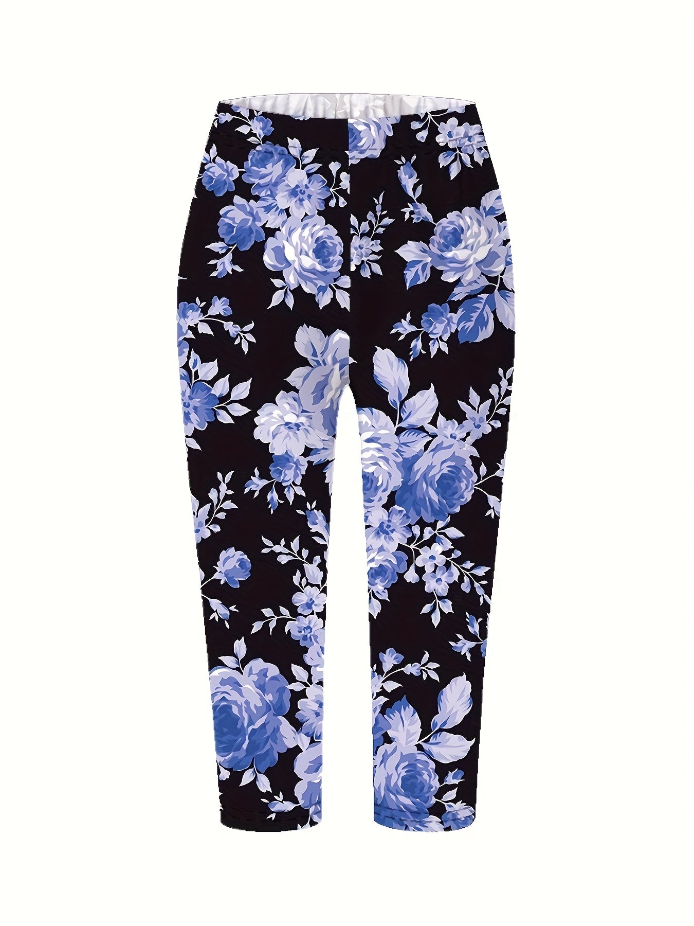 Women's Black Floral Print Slim-Fit Capri Pants with Blue Roses