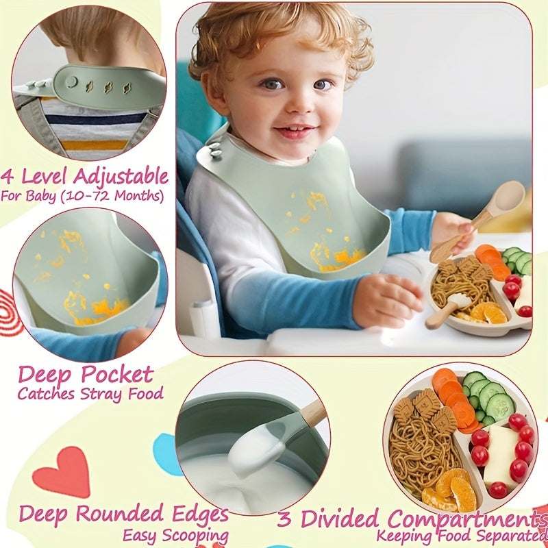 Juego de 5 utensilios para bebés para autoalimentación kit de destete con babero, cuenco, plato, cuchara