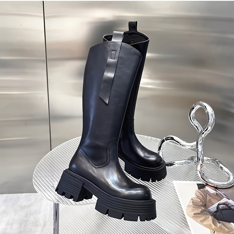 Women's Leather Chunky Heel Boots Black Side Zipper Slip-Resistant