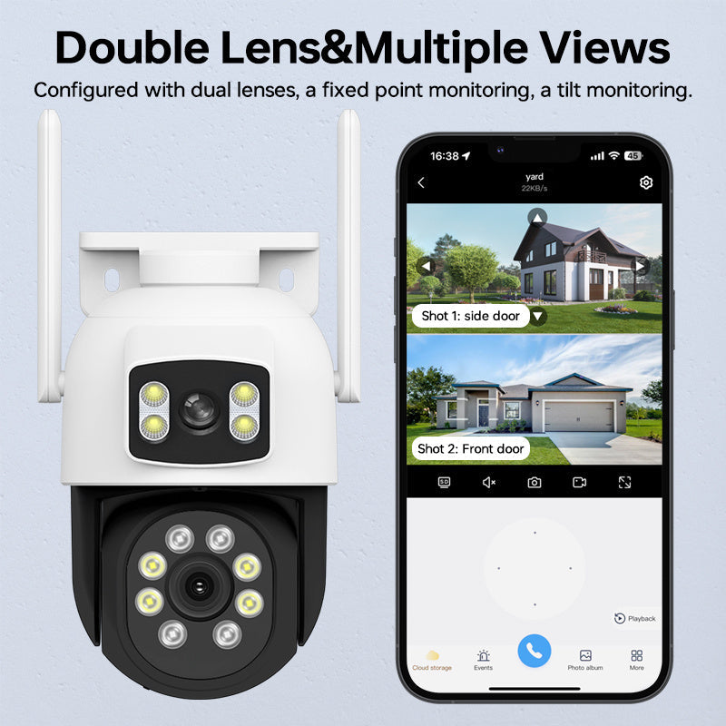 Ikki tomonlama linzali simsiz xavfsizlik kamerası, 2 tomonlama audio, 360° pan va tilt, kechqurun ko‘rish, WiFi, bulut saqlash
