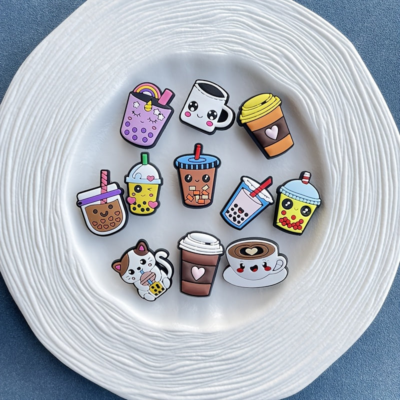 12pcs Milk Tea Themed Shoe Charms Set PVC Removable Accessories for Women