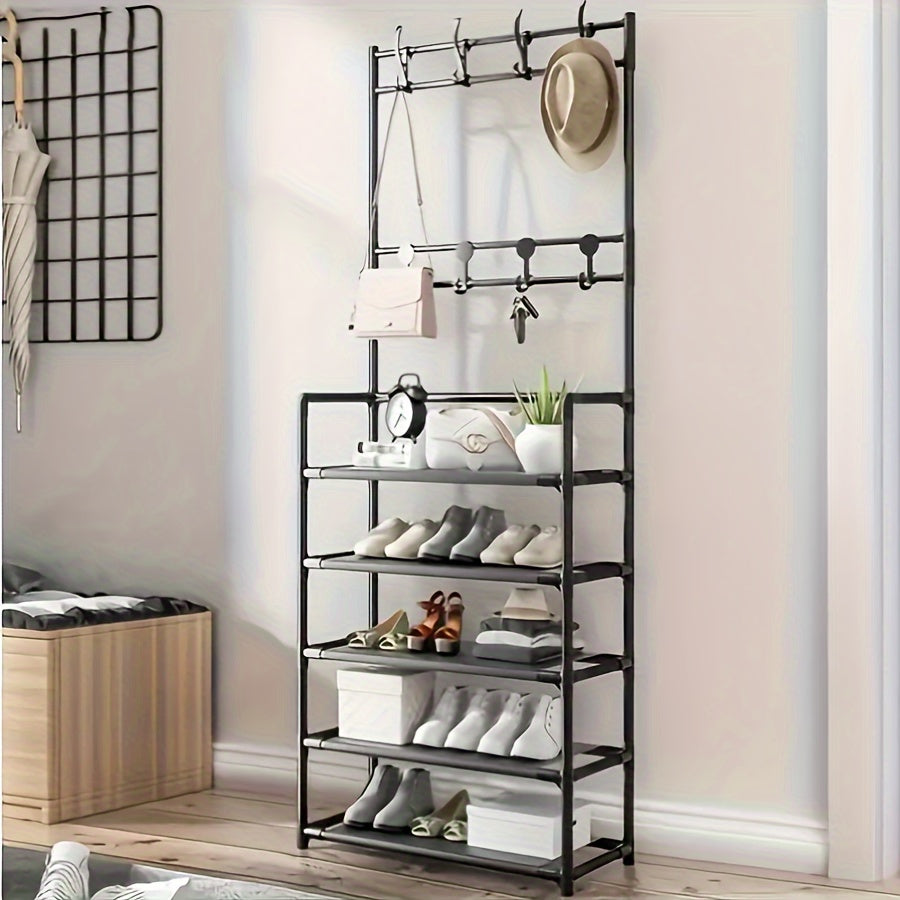 5-Tier Metal Shoe Rack with Hooks and Hollow Design for Entryway Organization