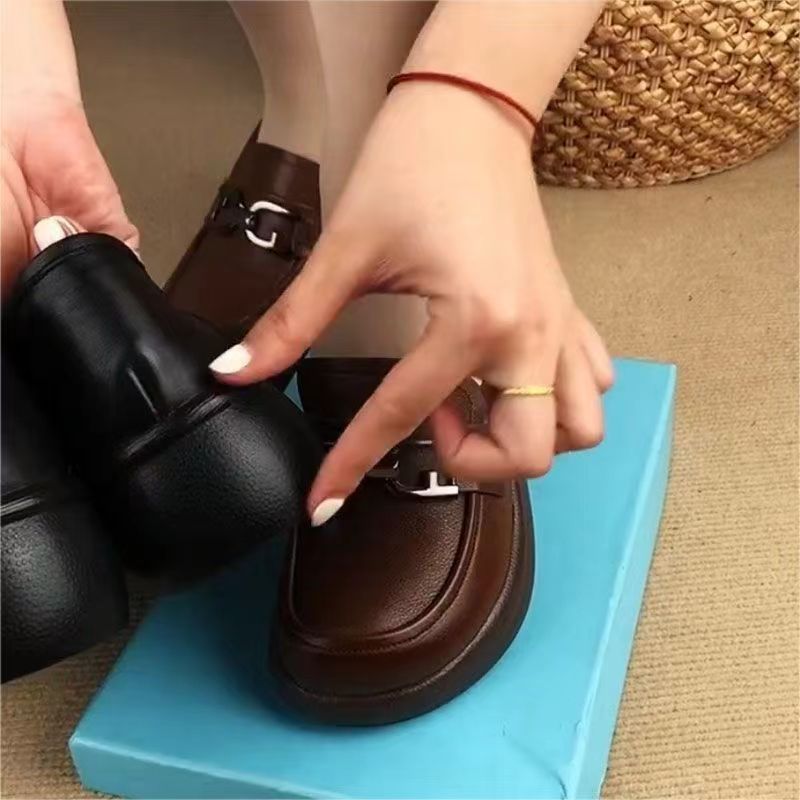 Women's Brown PU Loafers with Metallic Buckle Slip-Resistant Cushioned Sole