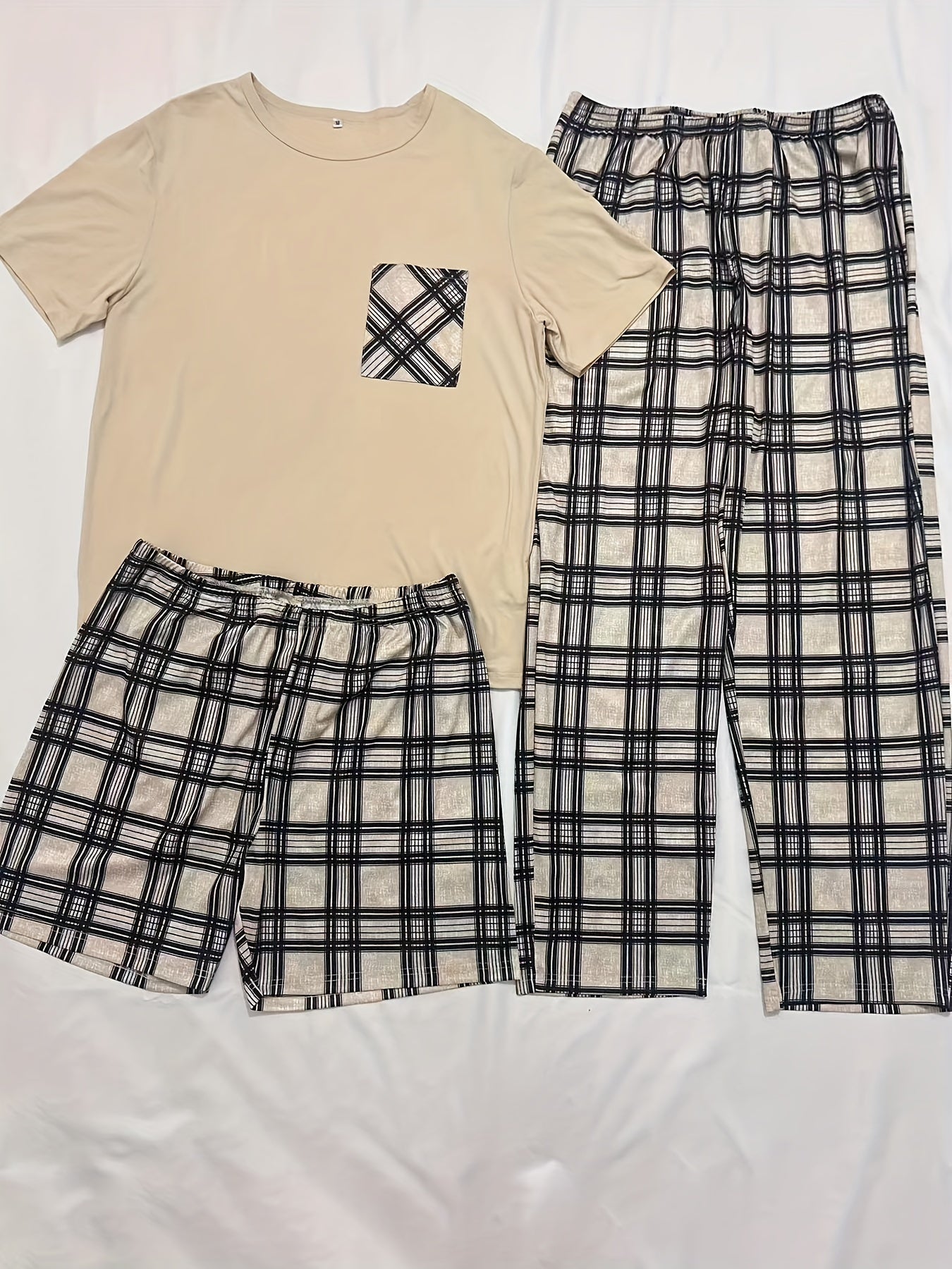 3-Piece Plaid Pajama Set Short Sleeve Crew Neck Top with Pocket Medium Stretch Polyester All-Season Comfort