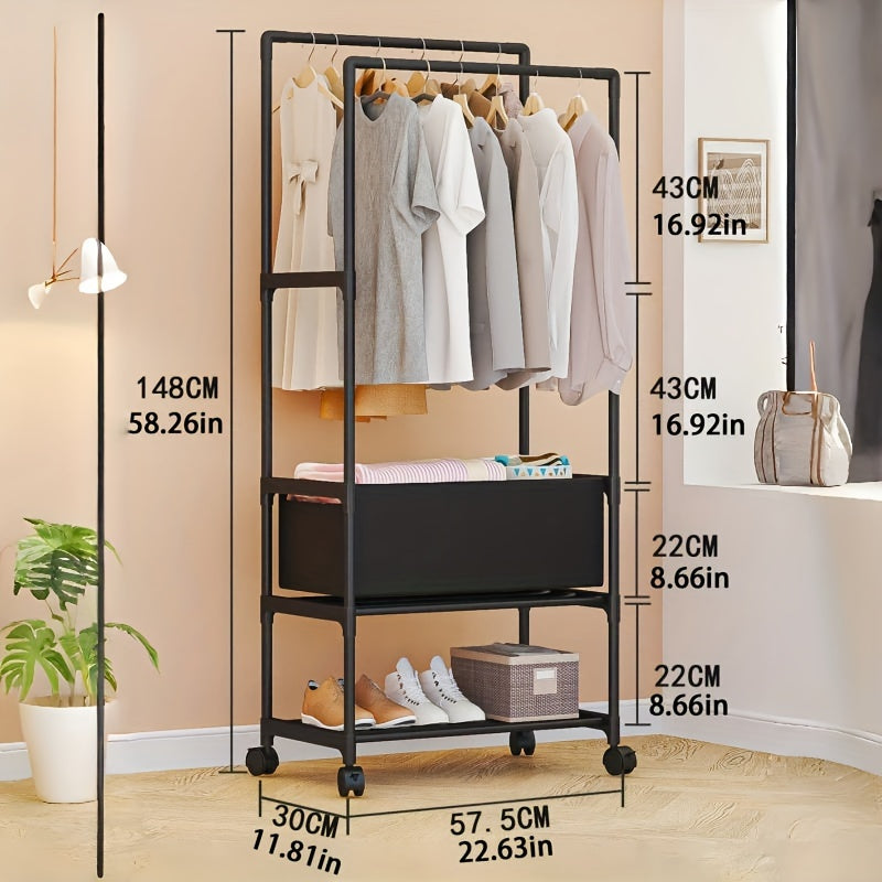 Perchero independiente con ruedas y estantes, altura de 147.98cm, organizador de ropa expandible