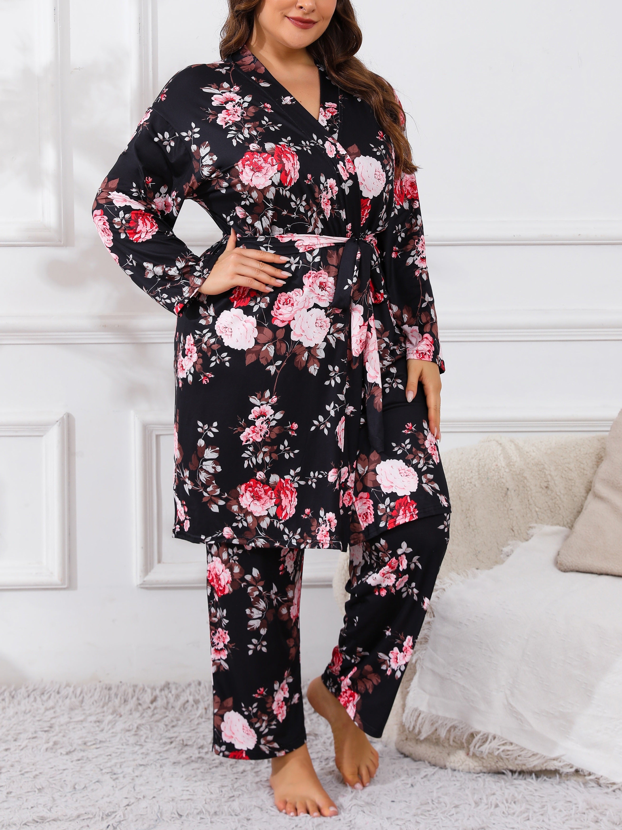 Plus Size Floral Print Pajama Set for Women Long Sleeve Lounge Robe Camisole and Pants Fall Winter Knit Polyester Blend