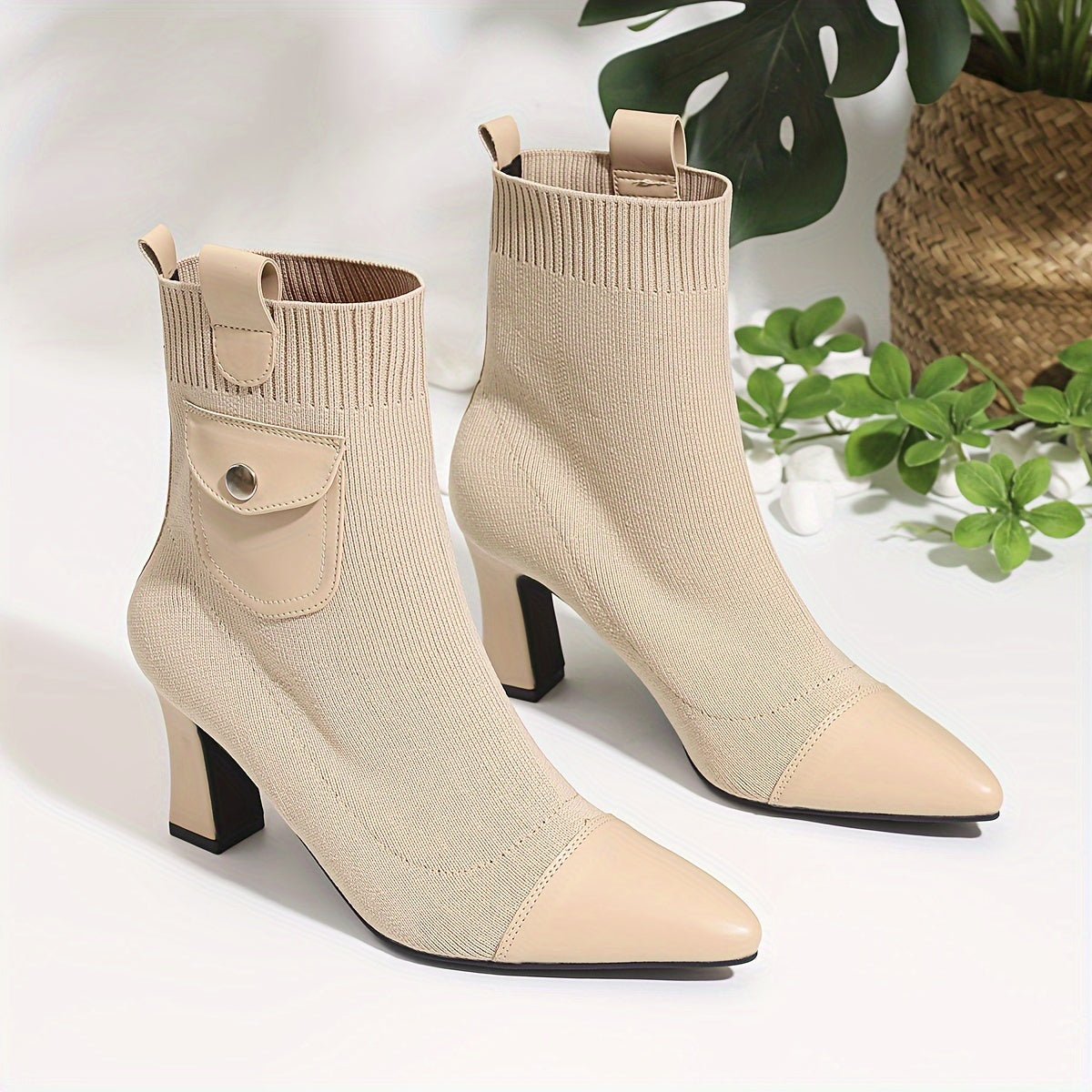 Women's Solid Color Pointed Toe High Heel Ankle Boots with Elastic and Thick Heels