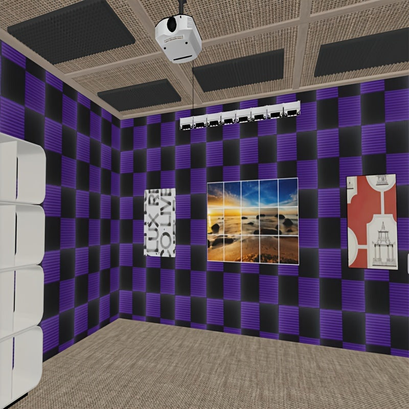 50 Pack Acoustic Foam Panels Soundproof Wedges Black Purple Studio Sound Absorption